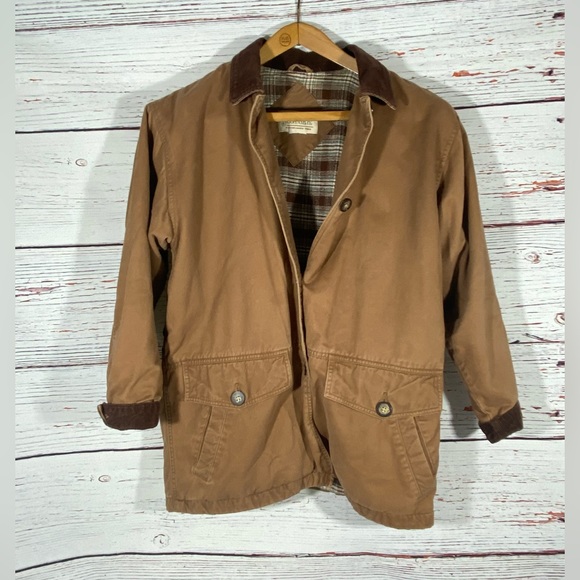 St Johns Bay Womens Medium Barn Jacket Chore Coat Tan Brown Plaid Flannel Lined - Picture 2 of 14